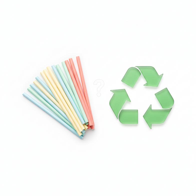 A collection of colorful paper straws next to a recycling symbol, questioning if paper straws are recyclable