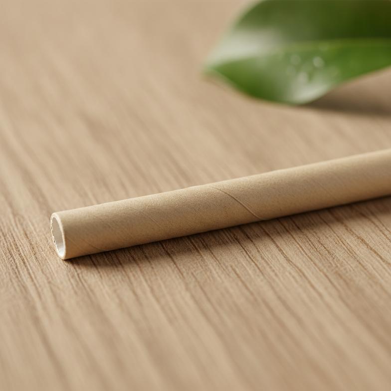Close-up of a biodegradable paper straw with an FSC logo visible on the packaging