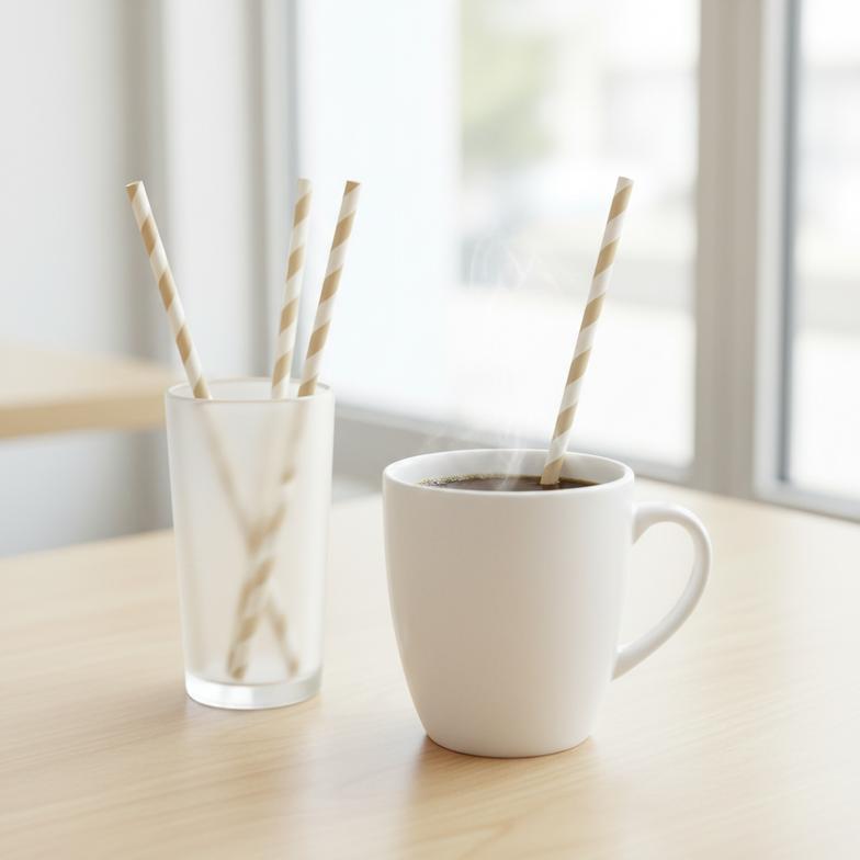 A close-up of high-quality paper straws for hot drinks sitting next to a steaming cup of coffee.