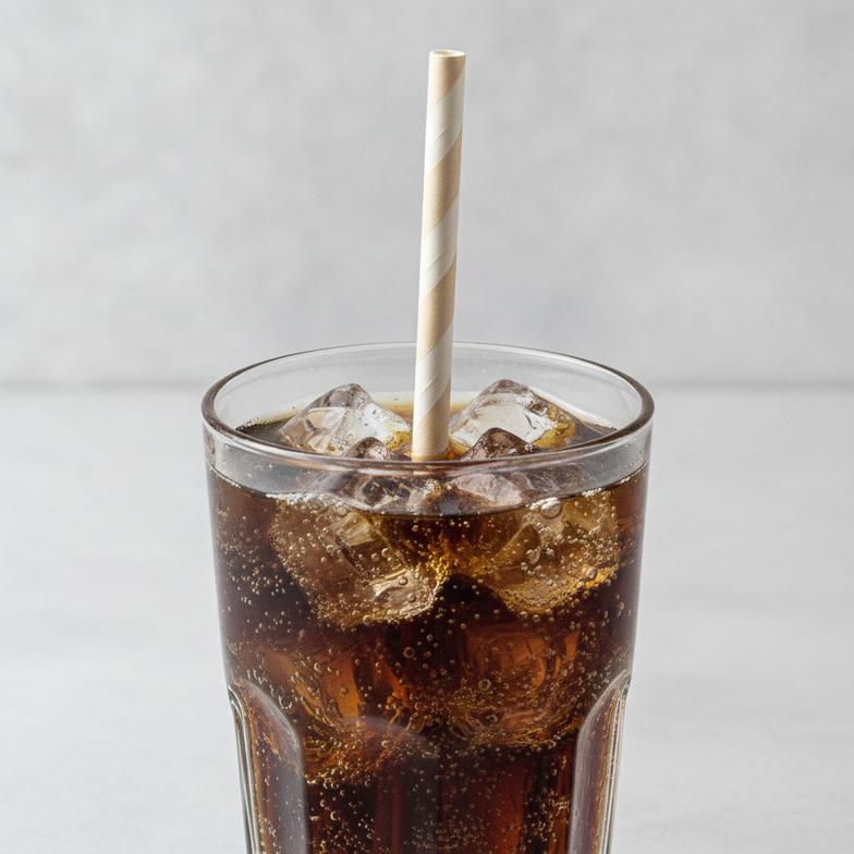 A sturdy 4-ply paper straw sitting in a tall glass of fizzy cola with ice, looking perfectly intact.