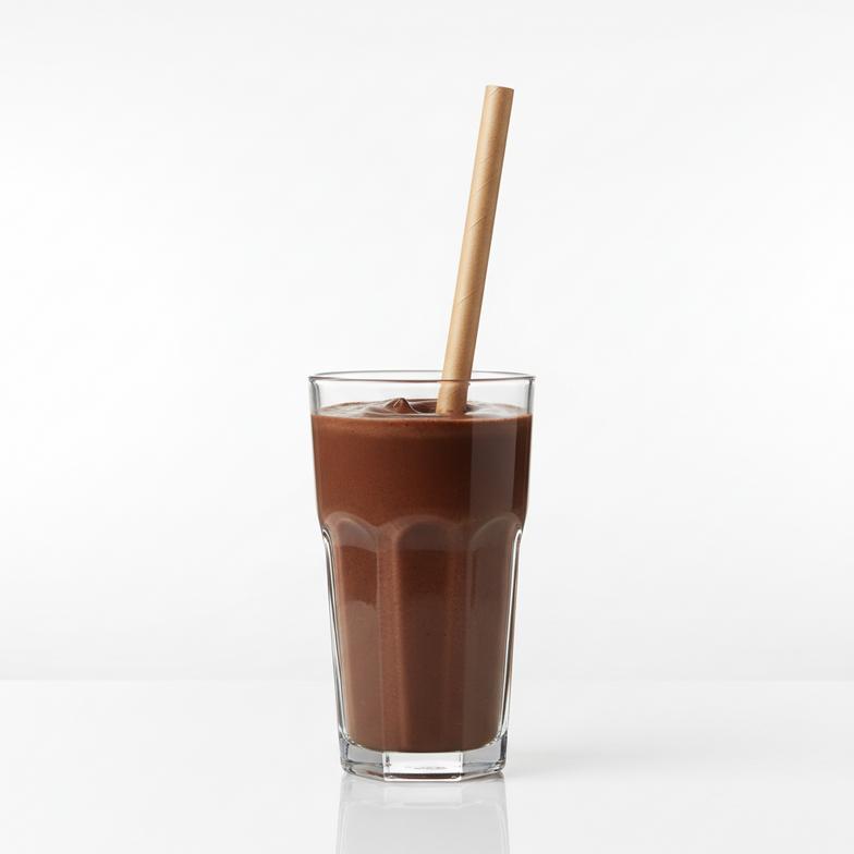 A wide-diameter, robust paper straw easily stirring a thick chocolate milkshake in a tall glass.