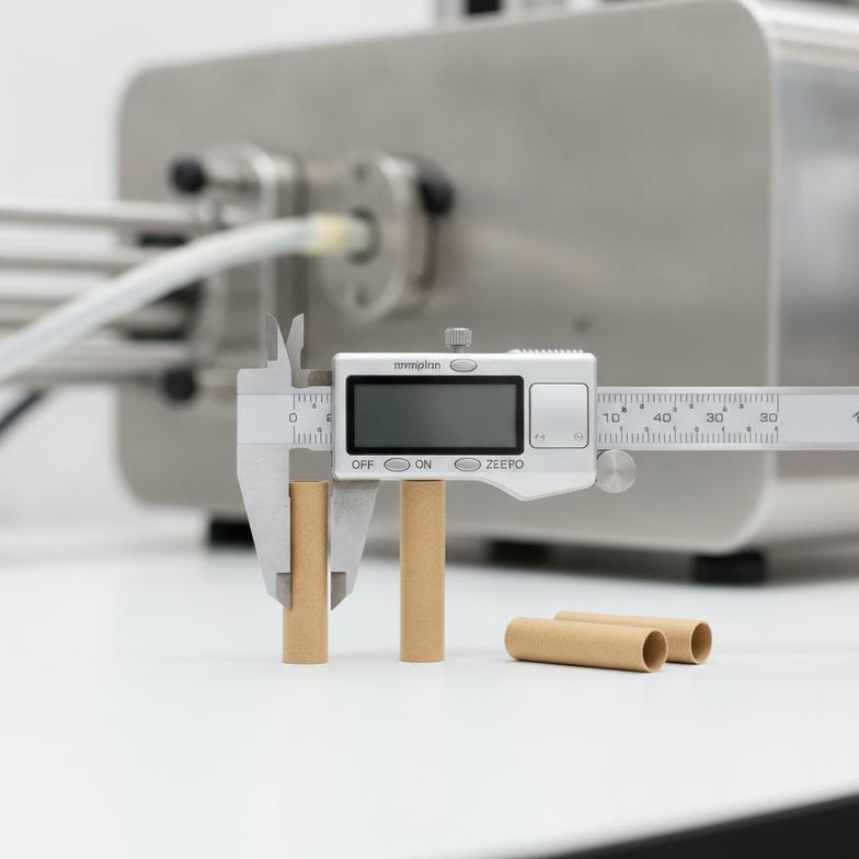 A designer and an engineer looking at a custom filter tip blueprint next to a pre-roll machine
