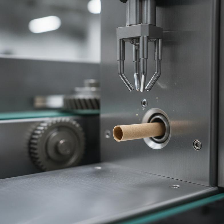 Close-up of a custom filter tip being fed into a pre-roll manufacturing line