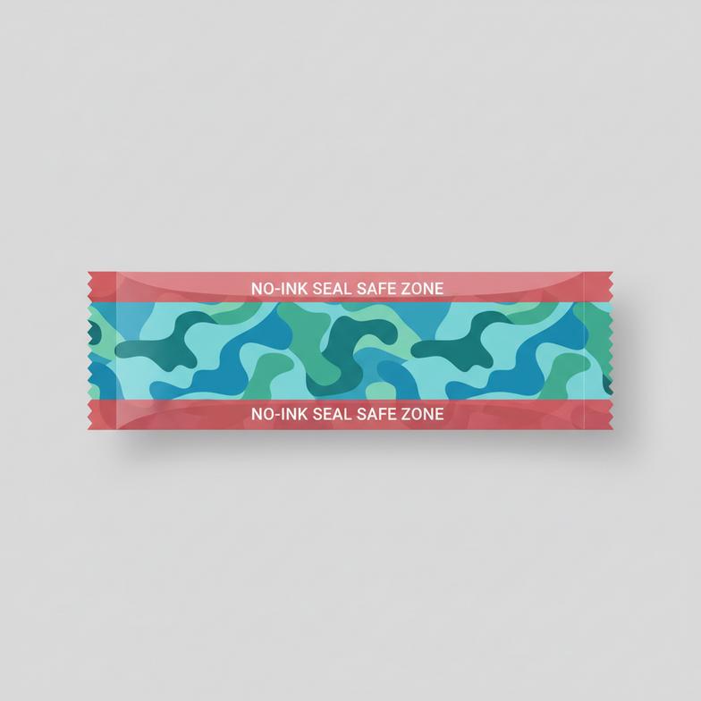 A design template for custom printed straw wrappers showing a highlighted no-ink zone for sealing.
