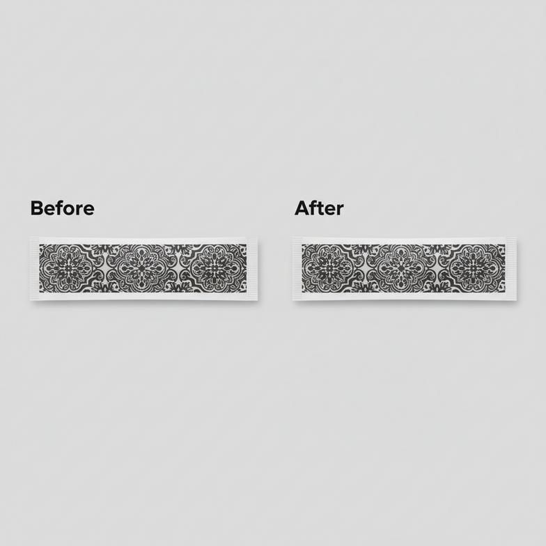 Example of 'before' and 'after' artwork for a custom printed straw wrapper, showing how a full-bleed design was optimized for seal quality.