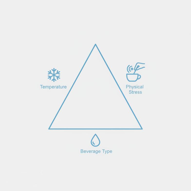 Diagram of the paper straw stability triangle with icons for temperature, physical stress, and beverage type.