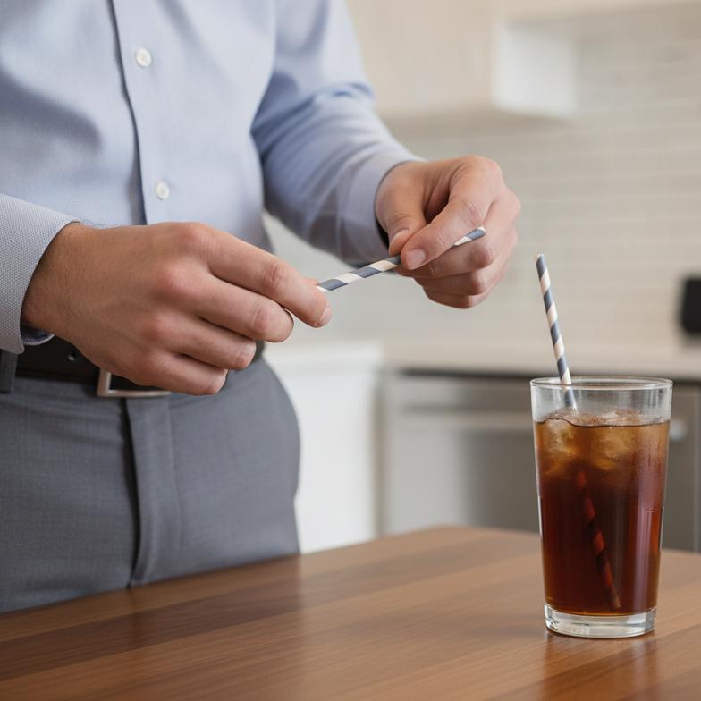 A procurement manager examining a paper straw for signs of wear after testing its stability in a drink.