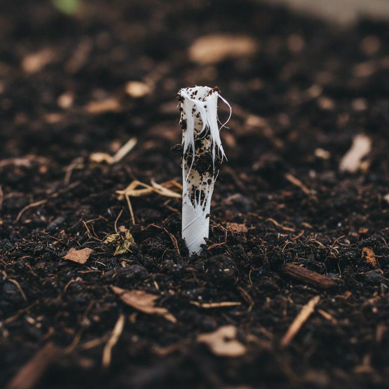 A paper straw breaking down in a compost pile, illustrating true biodegradability vs. misleading green claims on packaging.