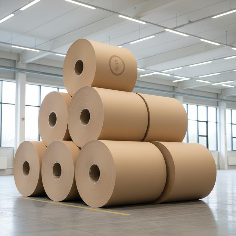 A stack of FSC-certified kraft paper rolls ready for manufacturing, a key defense against misleading green claims.