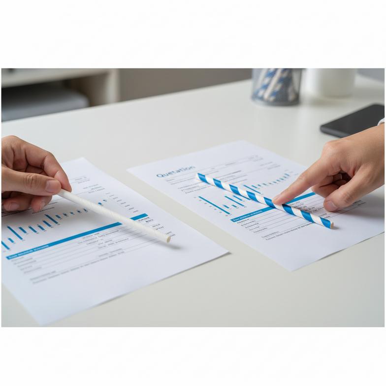 A procurement manager looking closely at two paper straw samples on a desk with quotation sheets