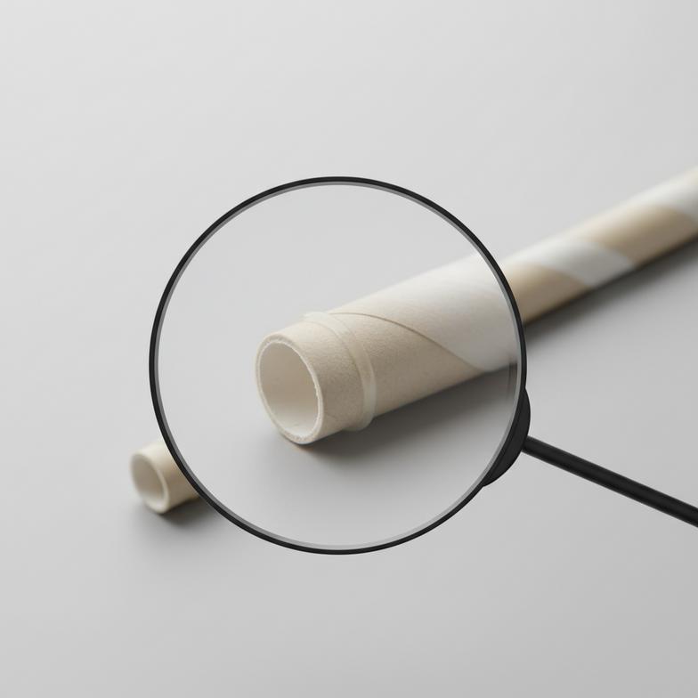 A magnifying glass hovering over the seam of a paper straw, highlighting the glue line
