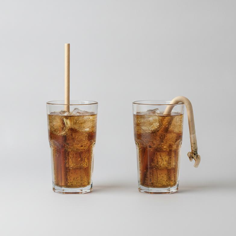 A soggy, failing paper straw next to a sturdy, brand-safe paper straw for airlines