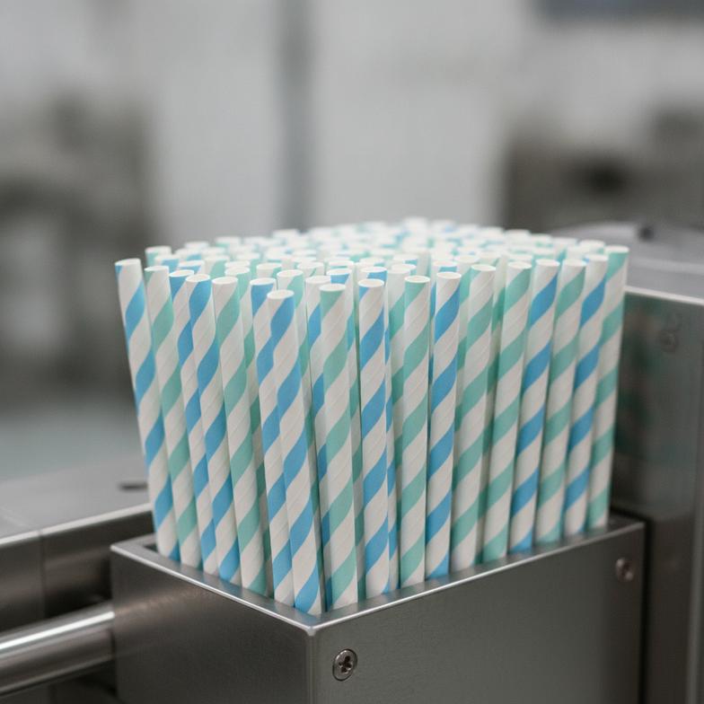 Close-up of a machine manufacturing durable paper straws for institutional catering