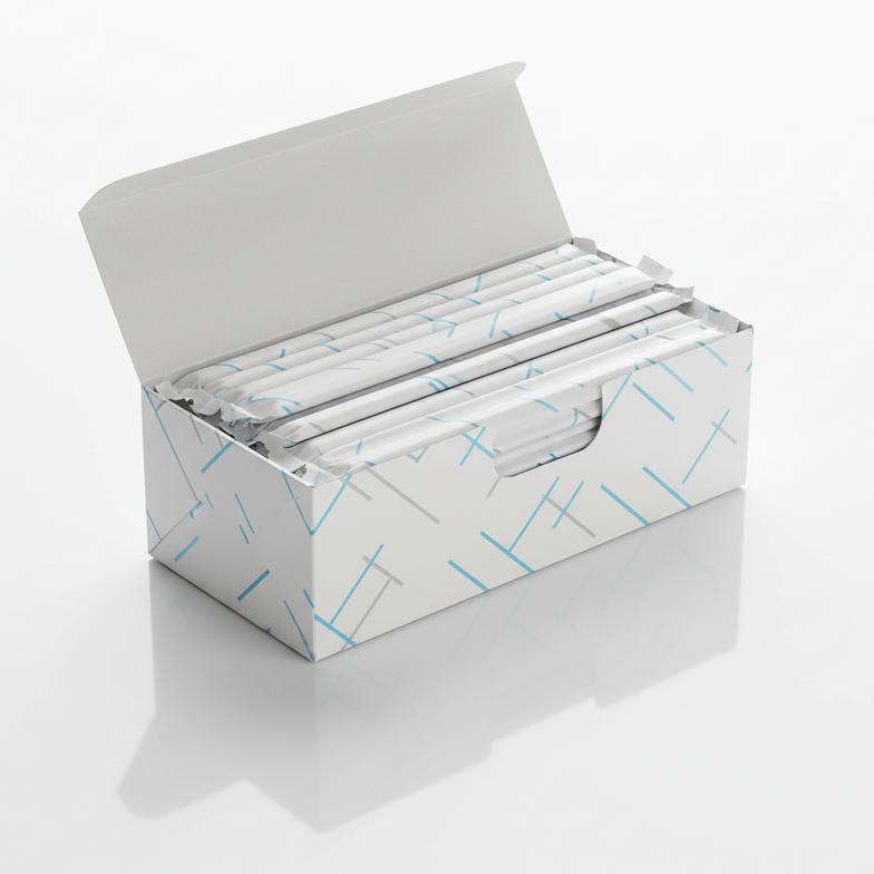 Individually wrapped paper straws for airlines in a branded dispenser box