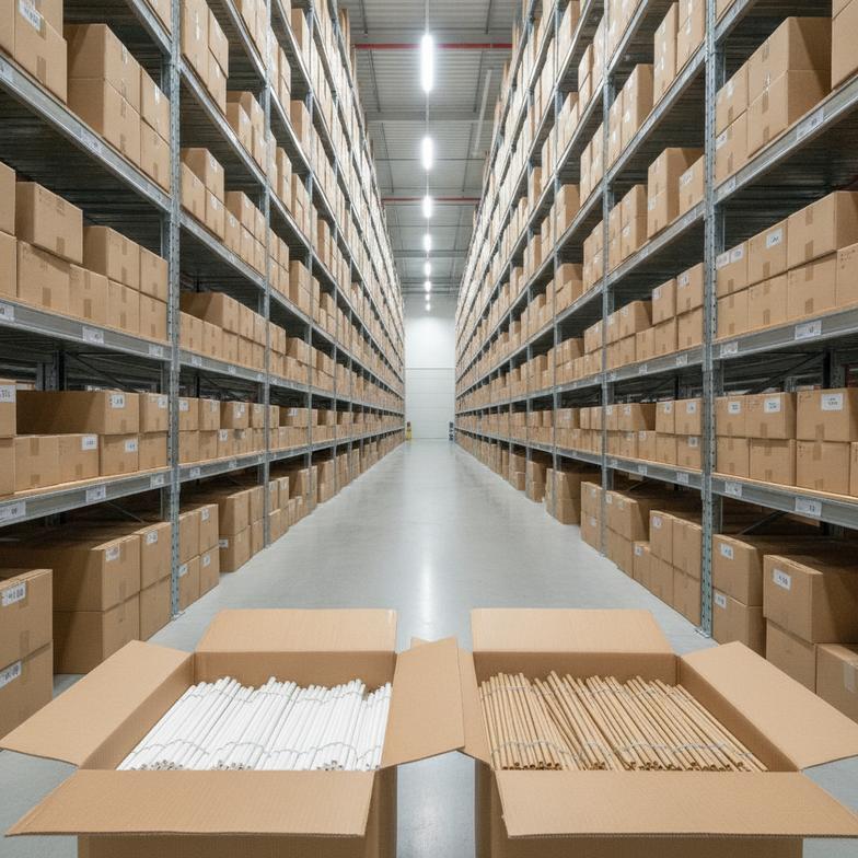 A warehouse aisle showing well-organized cartons of paper straws for distributors