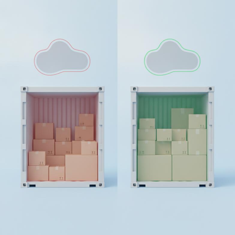 A diagram comparing inefficient vs optimized carton packing inside a shipping container