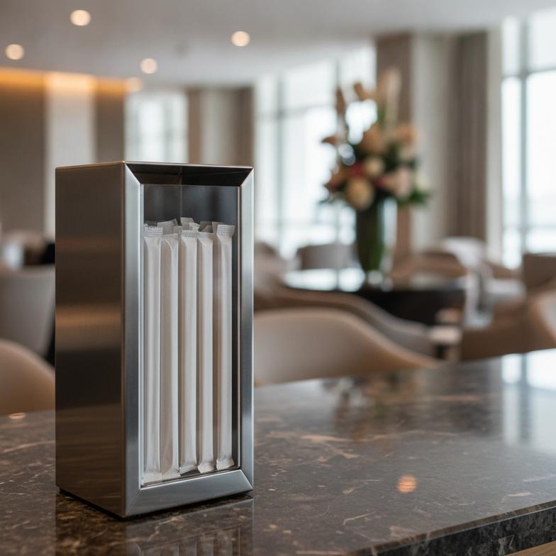 A close-up of individually wrapped paper straws for hotels and airlines in a dispenser.