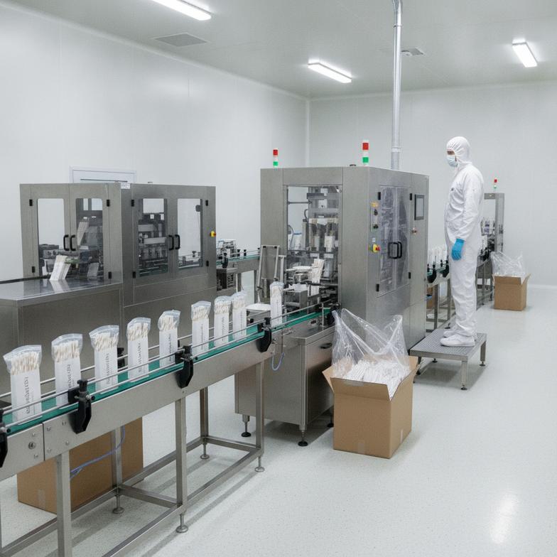 A factory worker in full hygienic gear overseeing the packaging of paper straws.
