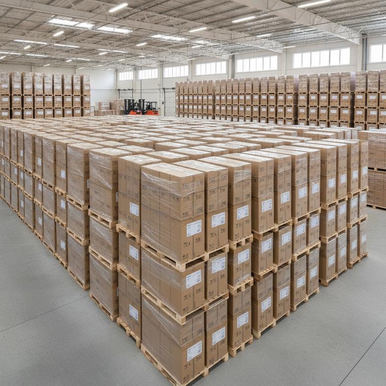 A large warehouse stacked with pallets of bulk paper straws ready for shipment to hotels and airlines.