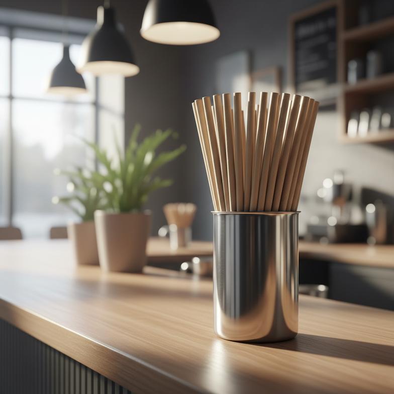 A close-up of durable paper straws for restaurants in a dispenser on a cafe counter.