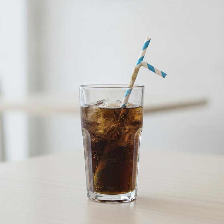 A soggy, broken paper straw next to a full glass of soda, illustrating a bad customer experience with cheap paper straws for restaurants.