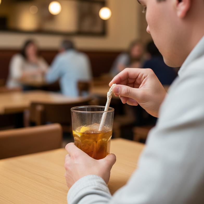 A customer looking unhappily at a paper straw in their drink at a restaurant.