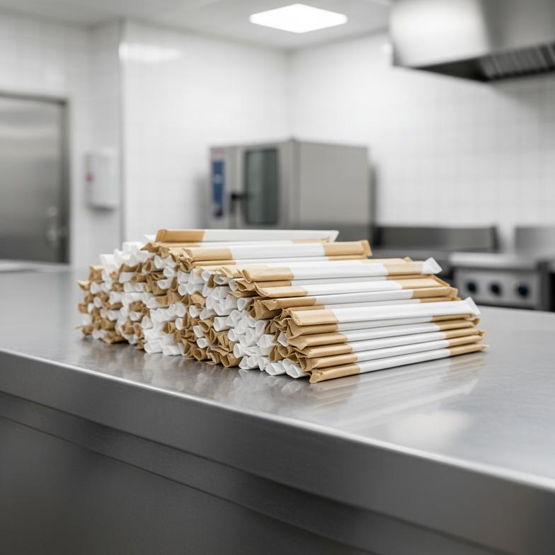 A restaurant staff member handing a new, high-quality paper straw to a customer.