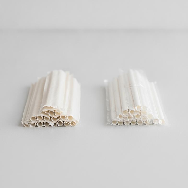 A side-by-side comparison of paper-wrapped vs plastic-wrapped paper straws, highlighting the different materials