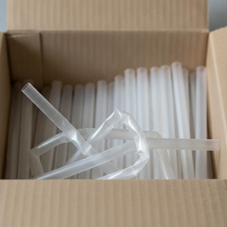 A warehouse worker checking a pallet of PLA straws that have warped from heat