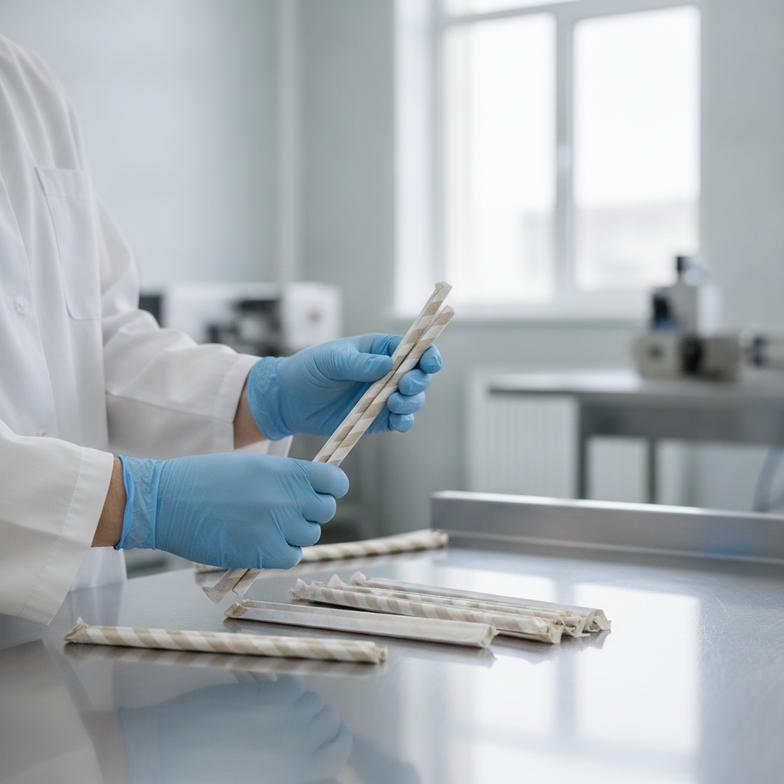 A worker in a cleanroom environment inspecting newly created paper-wrapped paper straws for quality control