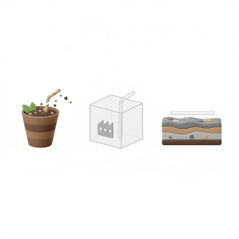 Icons showing home composting, industrial composting, and landfill to illustrate end-of-life options