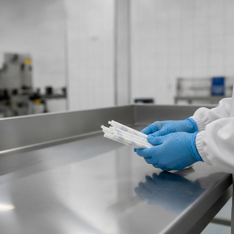 A worker in a cleanroom environment inspecting newly created paper-wrapped paper straws for quality control