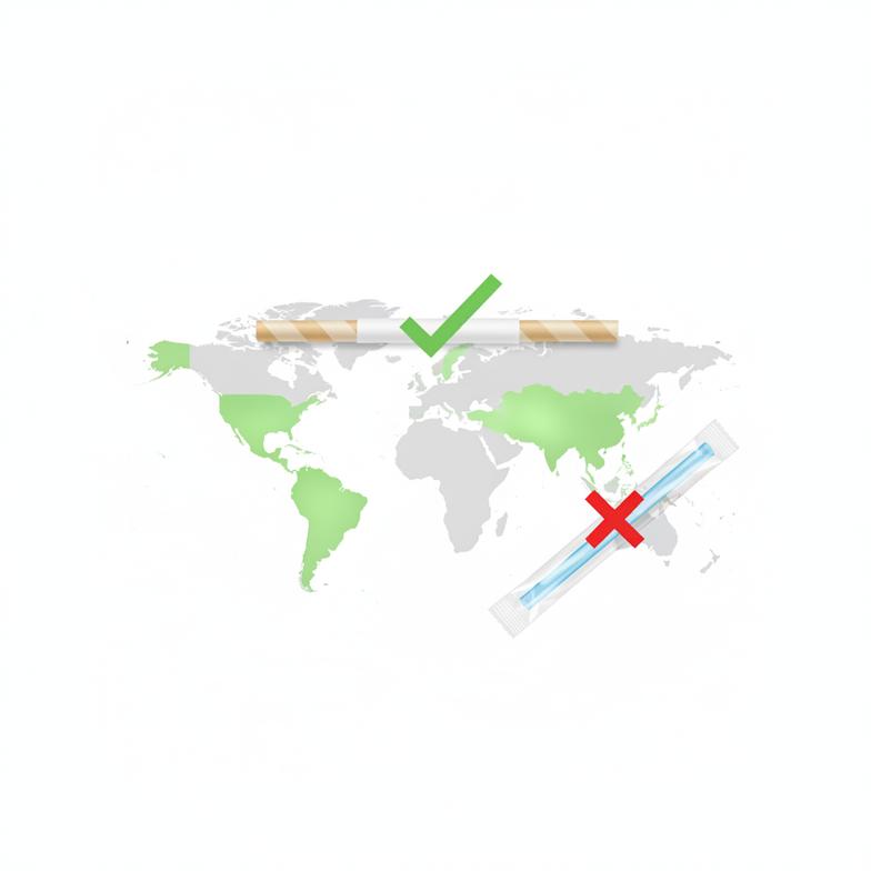 A map of the world with regions highlighted that have single-use plastic bans, demonstrating the market access benefit of paper-wrapped paper straws