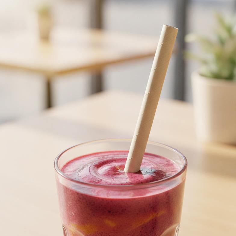 A wide-diameter straight paper straw in a thick smoothie, showing a good operational fit
