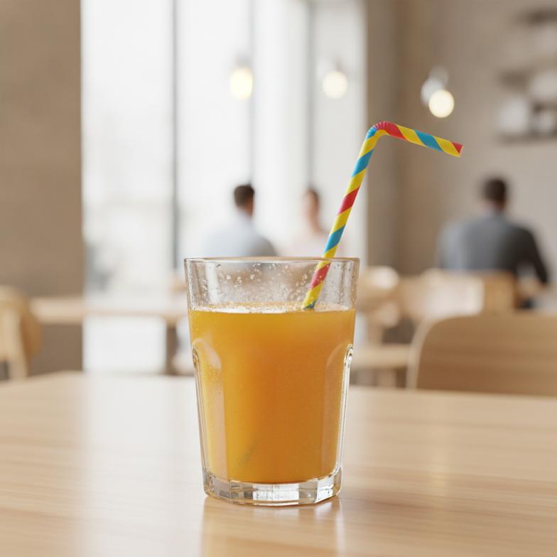 A colorful bendable paper straw in a child's drink at a family restaurant