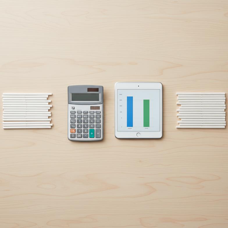 A procurement manager reviewing a cost-benefit analysis of straight vs bendable paper straws on a spreadsheet