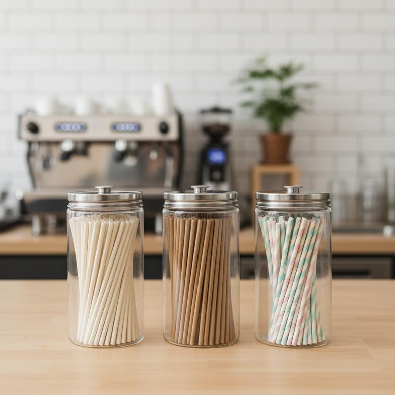 A display in a cafe showing different paper straws for different drinks, demonstrating a smart product mix