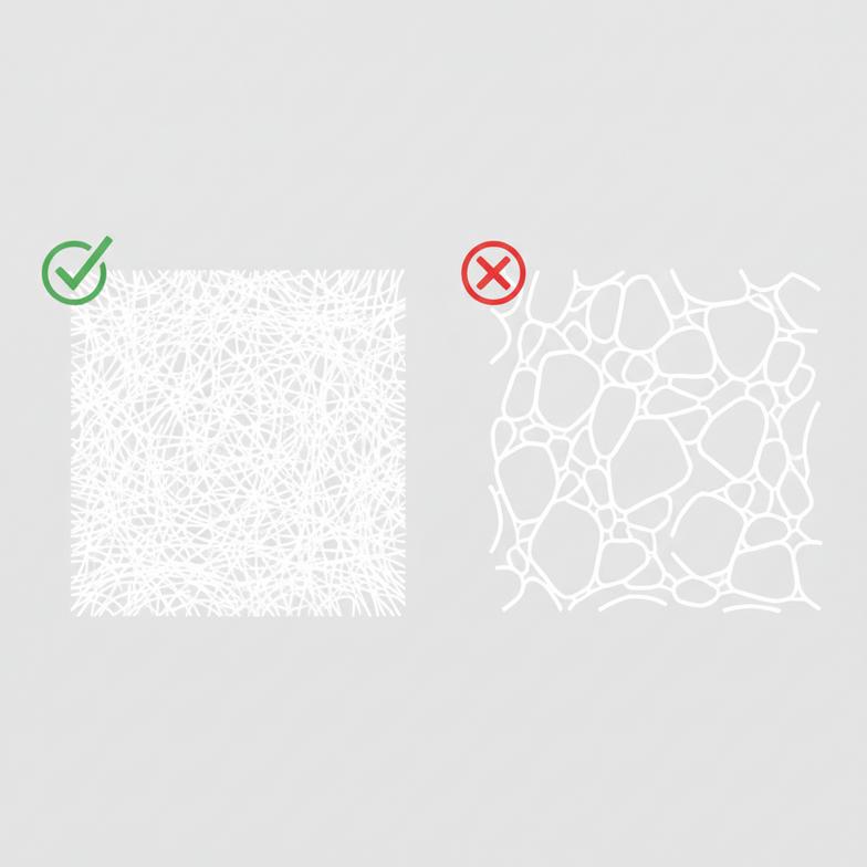 Diagram showing the structural difference between long-fiber and short-fiber paper in a paper spoon.
