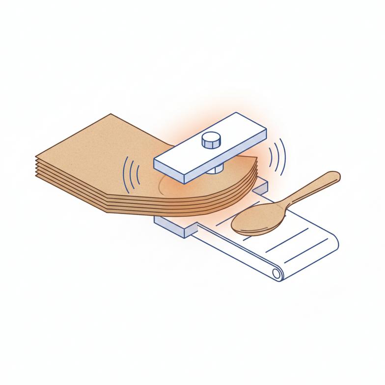 A paper spoon manufacturing machine pressing layers of kraft paper into a spoon shape.