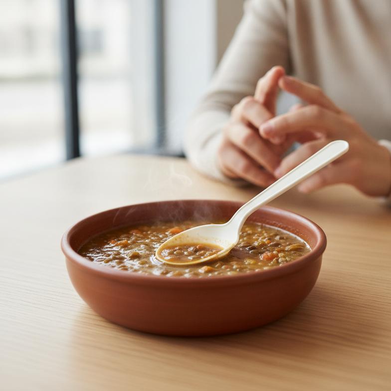 An unhappy customer in a cafe looking at a broken paper spoon in their soup, representing a business risk.