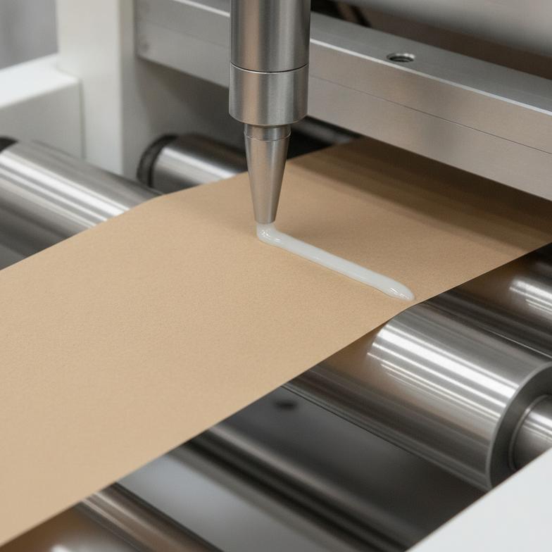 A machine applying a thin, even layer of glue to paper strips before they are wound into a straw.