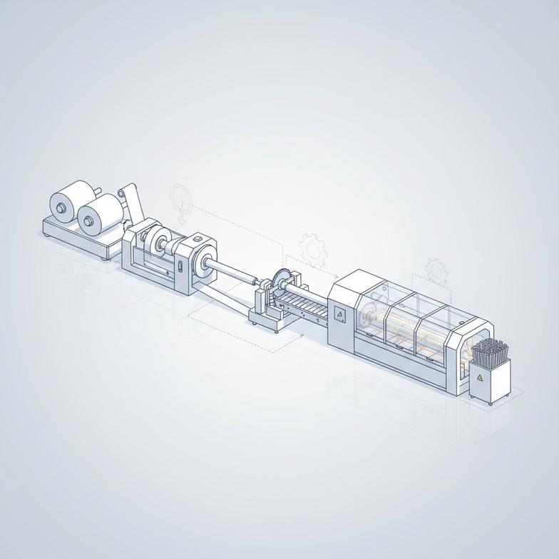 A long paper straw production line with multiple machine stations for winding, gluing, cutting, and drying.