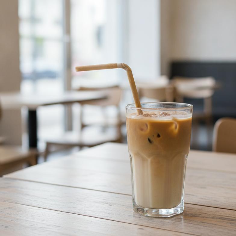 A frustrated customer in a cafe looking at a collapsed paper straw in their iced coffee.