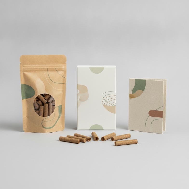 A collection of hemp filter tip packaging options including bags, boxes, and booklets.