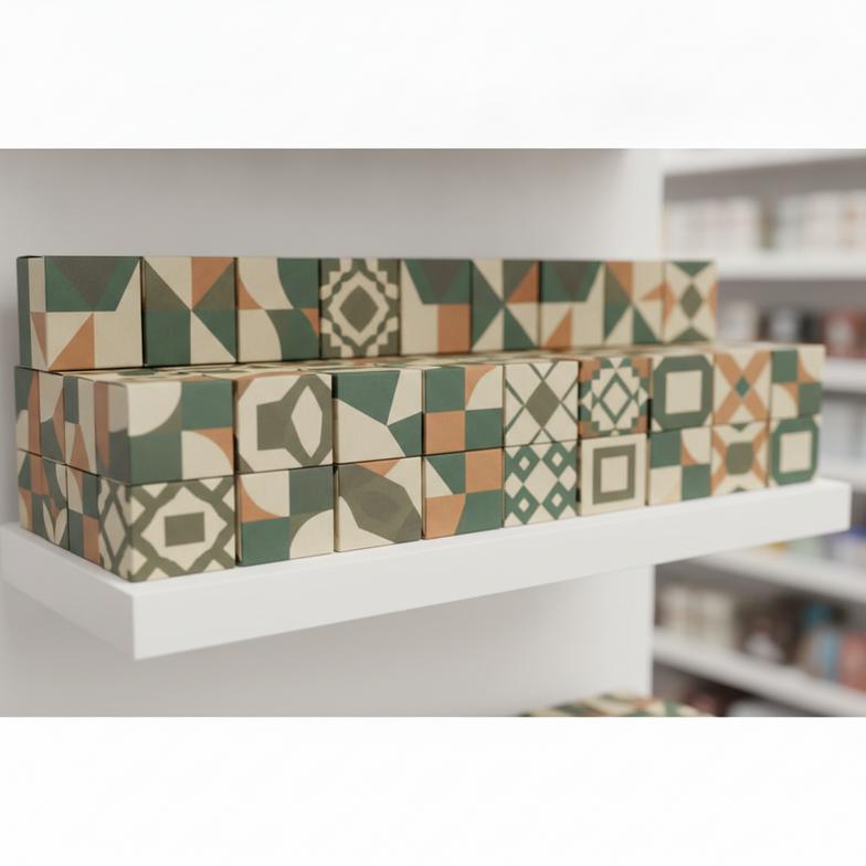 An array of custom hemp filter tip packaging boxes displayed on a retail shelf.