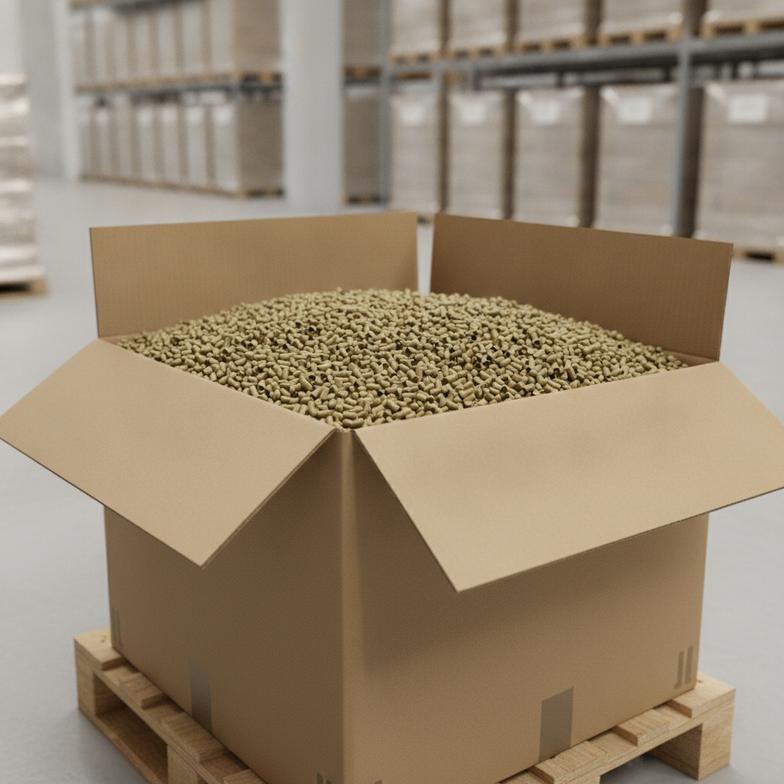 A large carton filled with thousands of hemp filter tips, representing bulk packaging.