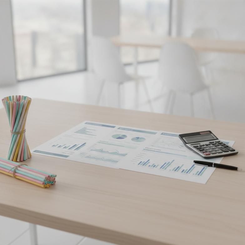 Analyzing different paper straw quotations on a desk with a calculator