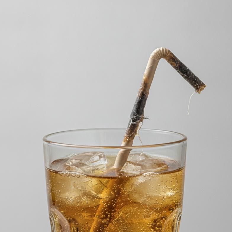 Close-up of a soggy, disintegrating paper straw in a drink, highlighting poor quality