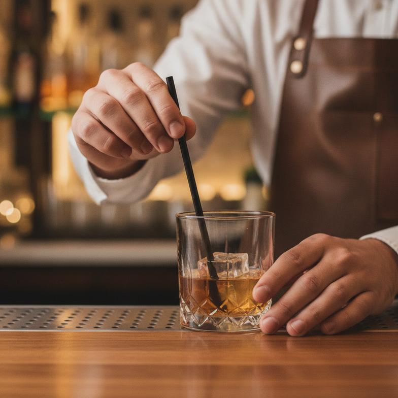 A bartender confidently placing a single, branded paper cocktail straw in a premium drink.