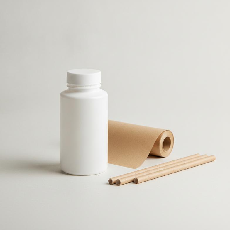 Bottles of food-safe adhesive used for ensuring paper straw strength and durability in manufacturing